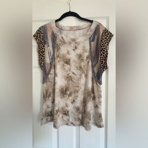 Ces Femme Beige Tie-Dye Top with Leopard and Striped Accents